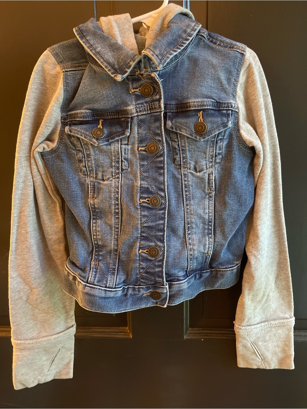 Kids Denim Jacket with Gray Hoodie Sleeves